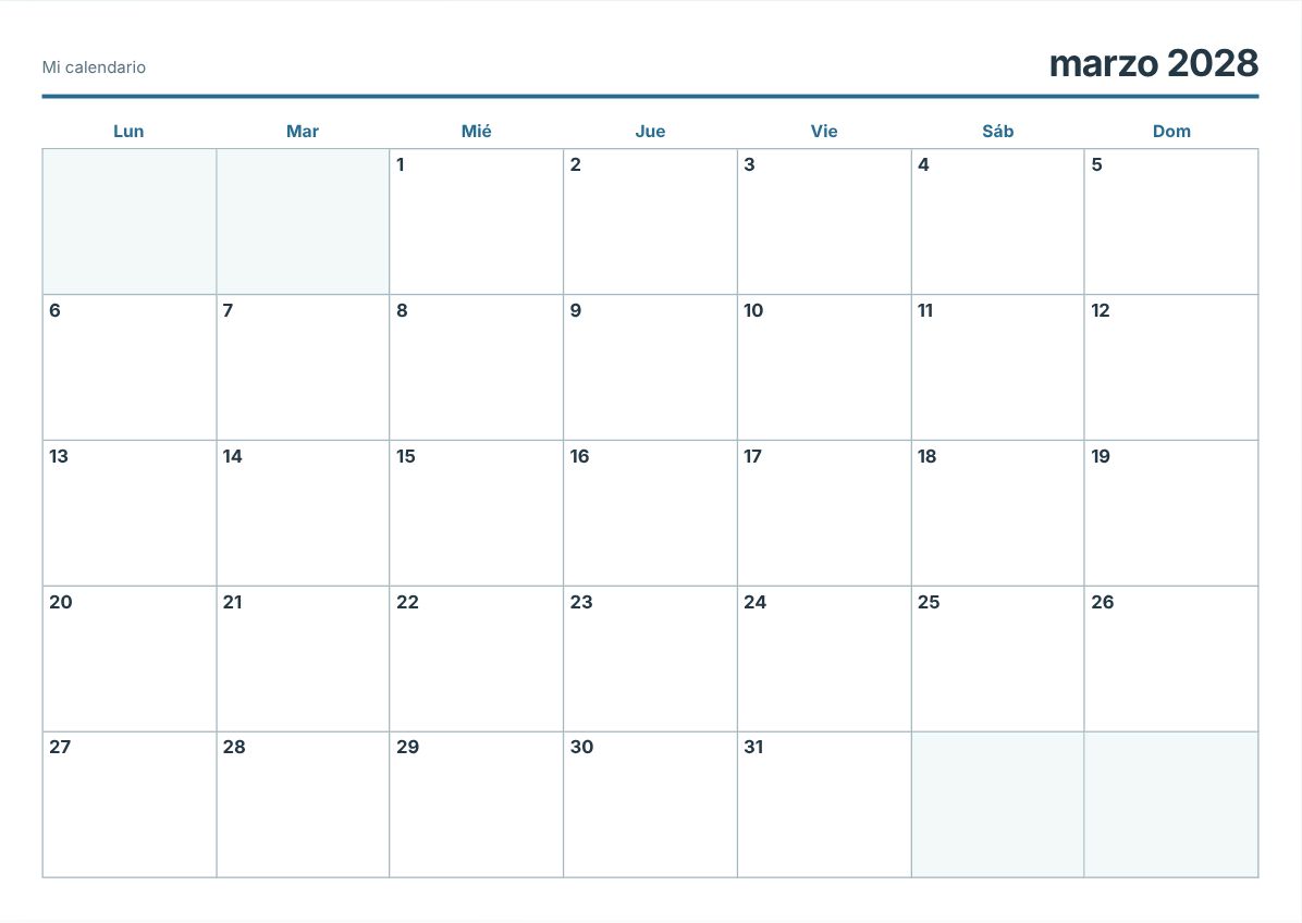 Calendario imprimible de marzo de 2028 (vista previa de impresión)