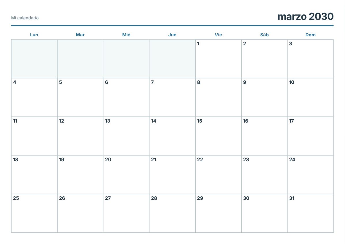 Calendario imprimible de marzo de 2030 (vista previa de impresión)