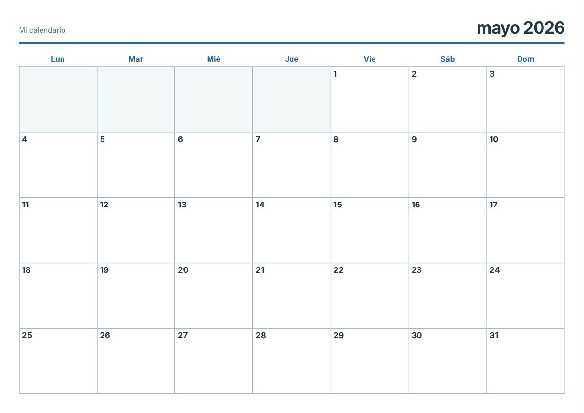 Calendario imprimible de mayo de 2026 (vista previa de impresión)