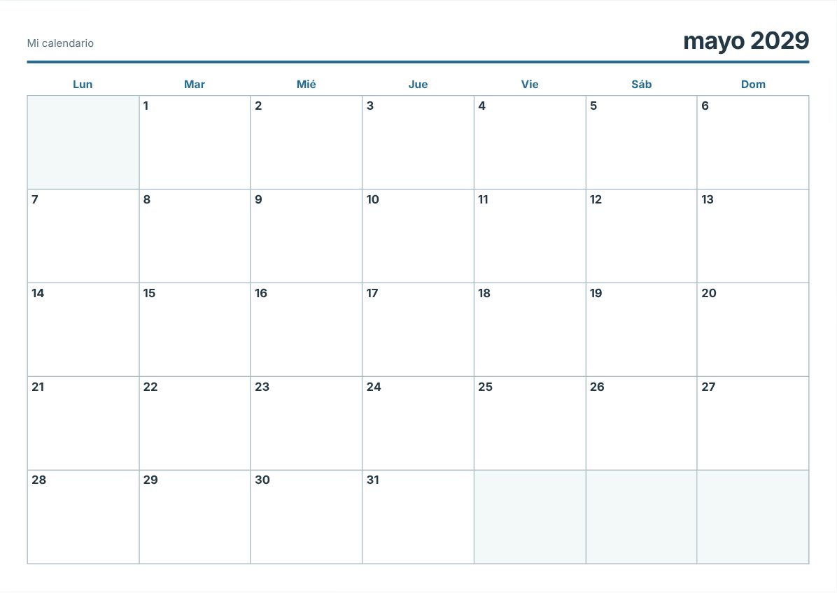 Calendario imprimible de mayo de 2029 (vista previa de impresión)