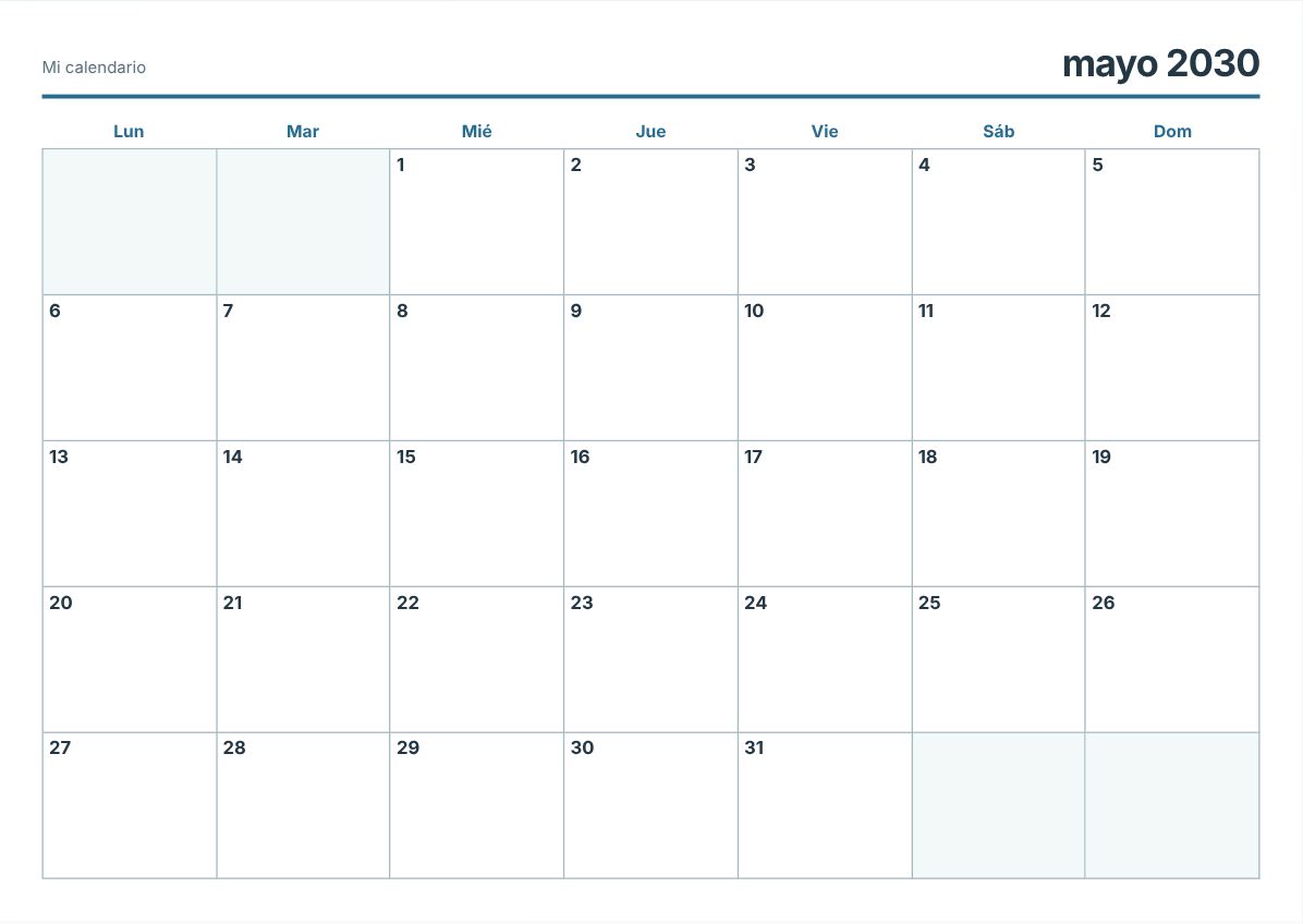 Calendario imprimible de mayo de 2030 (vista previa de impresión)