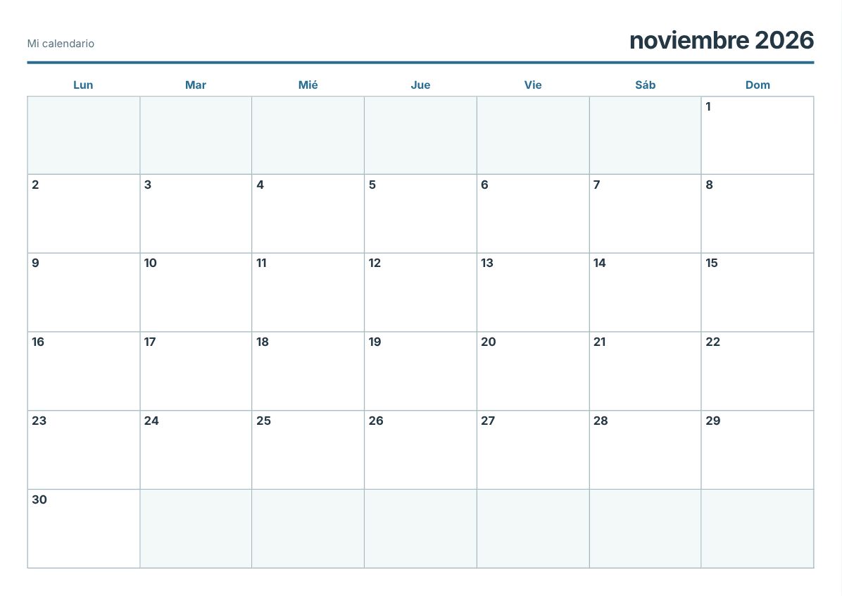 Calendario imprimible de noviembre de 2026 (vista previa de impresión)