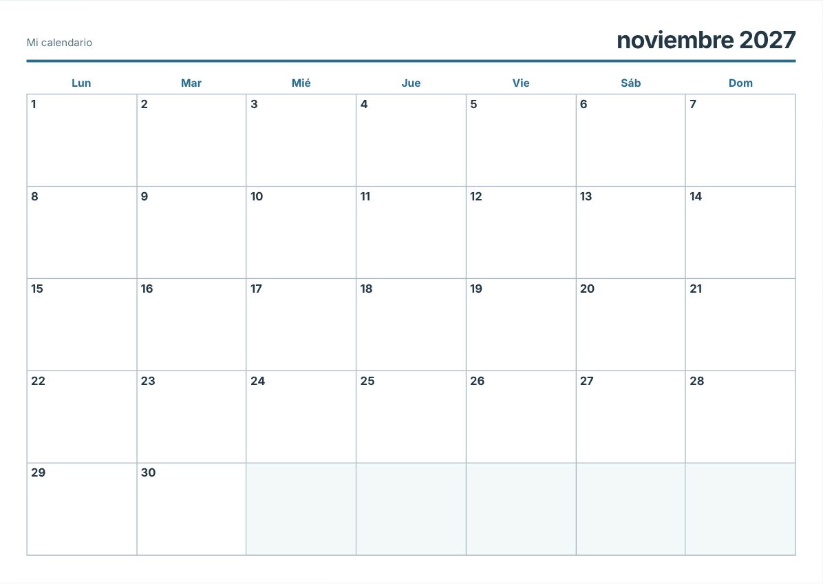 Calendario imprimible de noviembre de 2027 (vista previa de impresión)