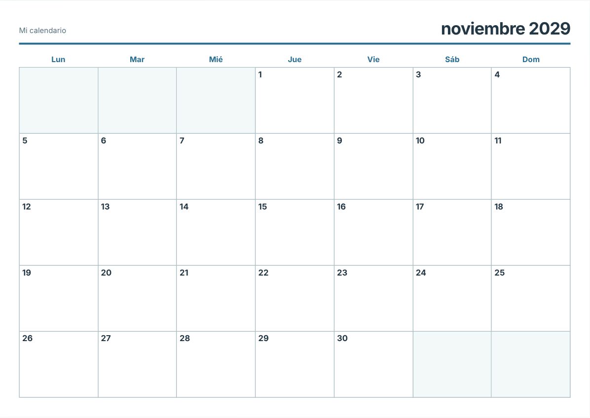Calendario imprimible de noviembre de 2029 (vista previa de impresión)