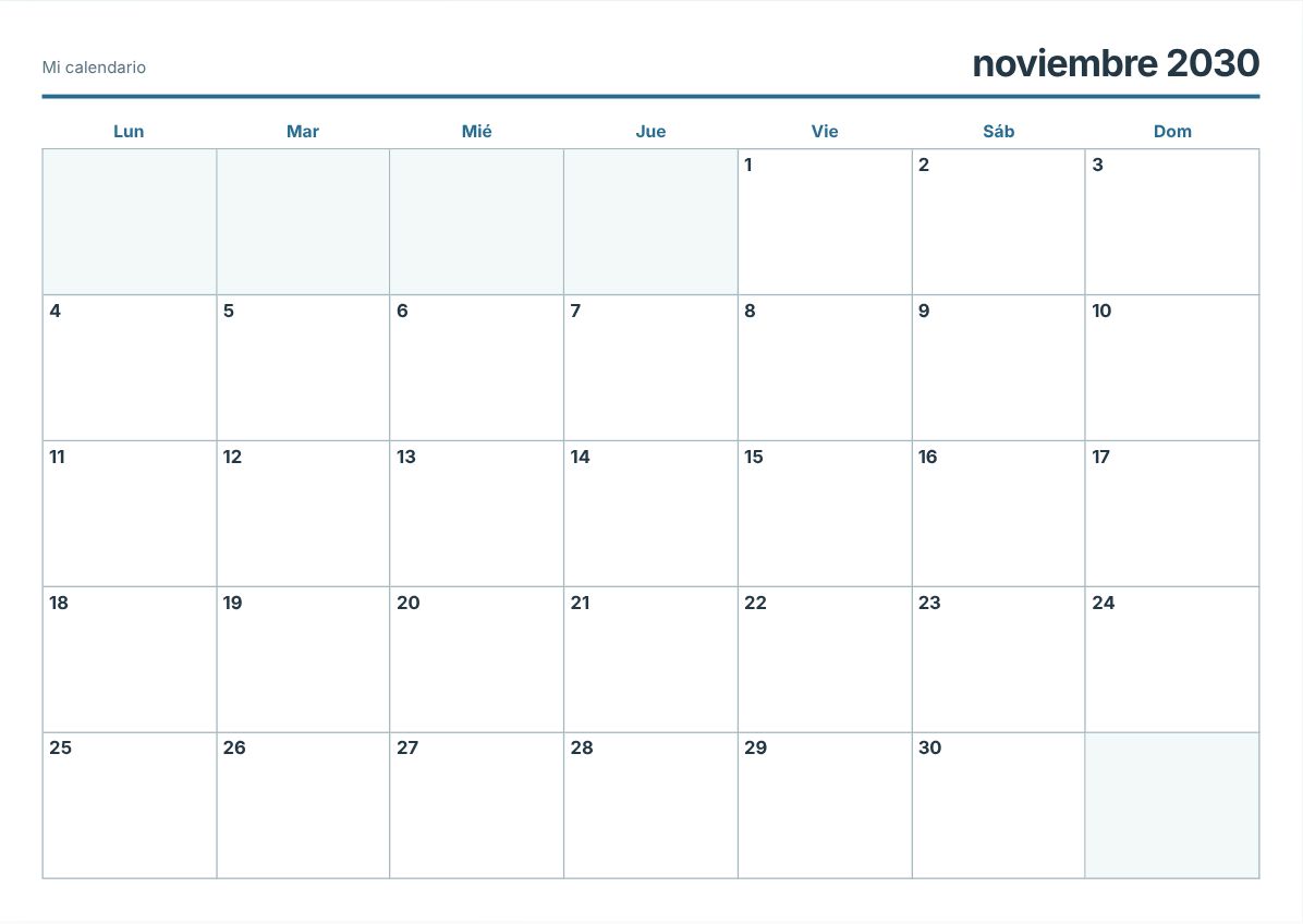 Calendario imprimible de noviembre de 2030 (vista previa de impresión)