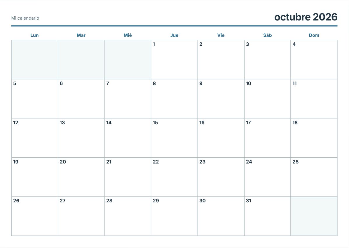 Calendario imprimible de octubre de 2026 (vista previa de impresión)