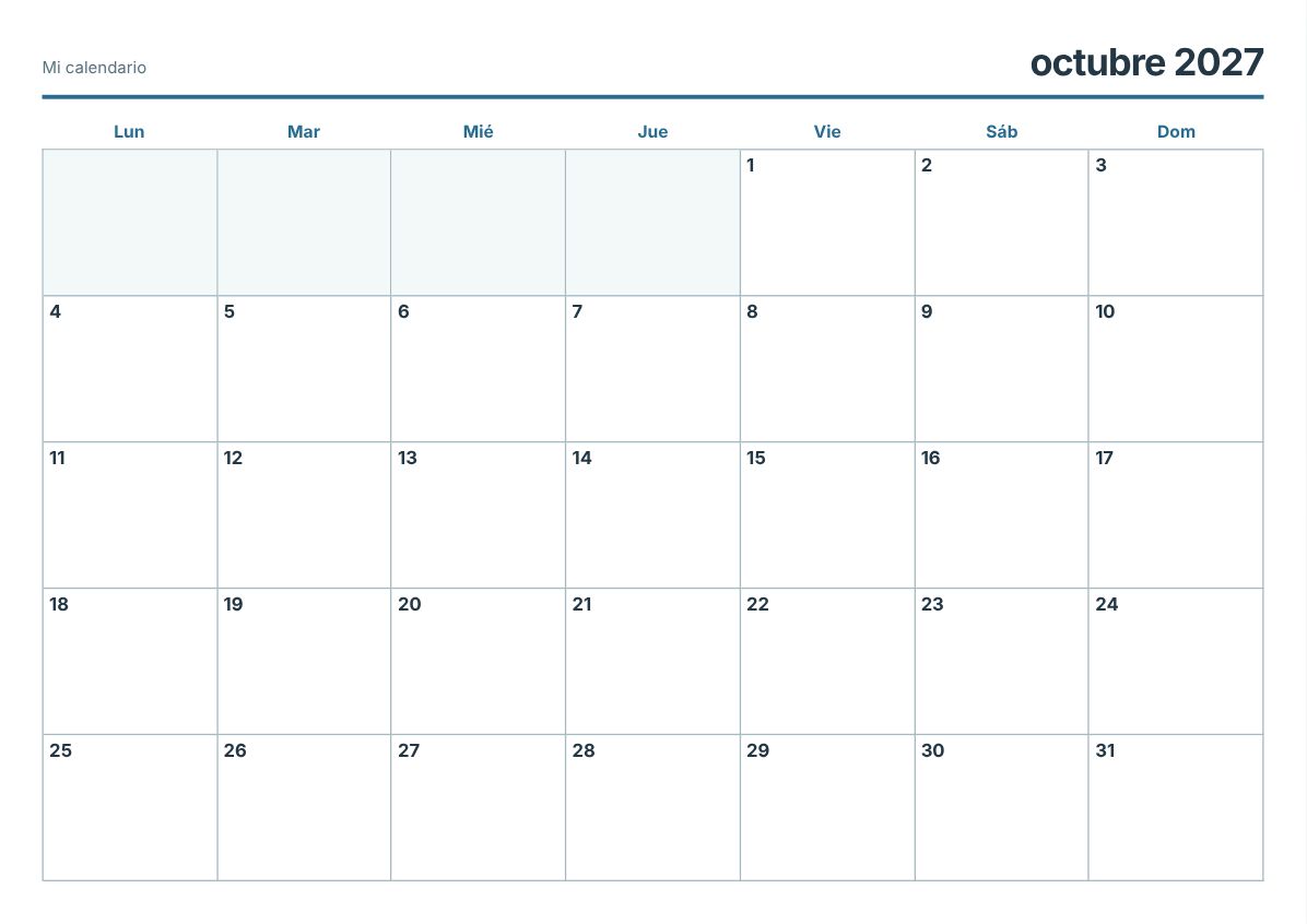 Calendario imprimible de octubre de 2027 (vista previa de impresión)