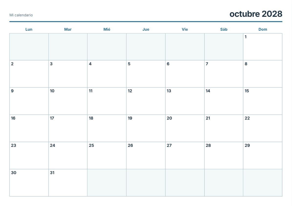 Calendario imprimible de octubre de 2028 (vista previa de impresión)
