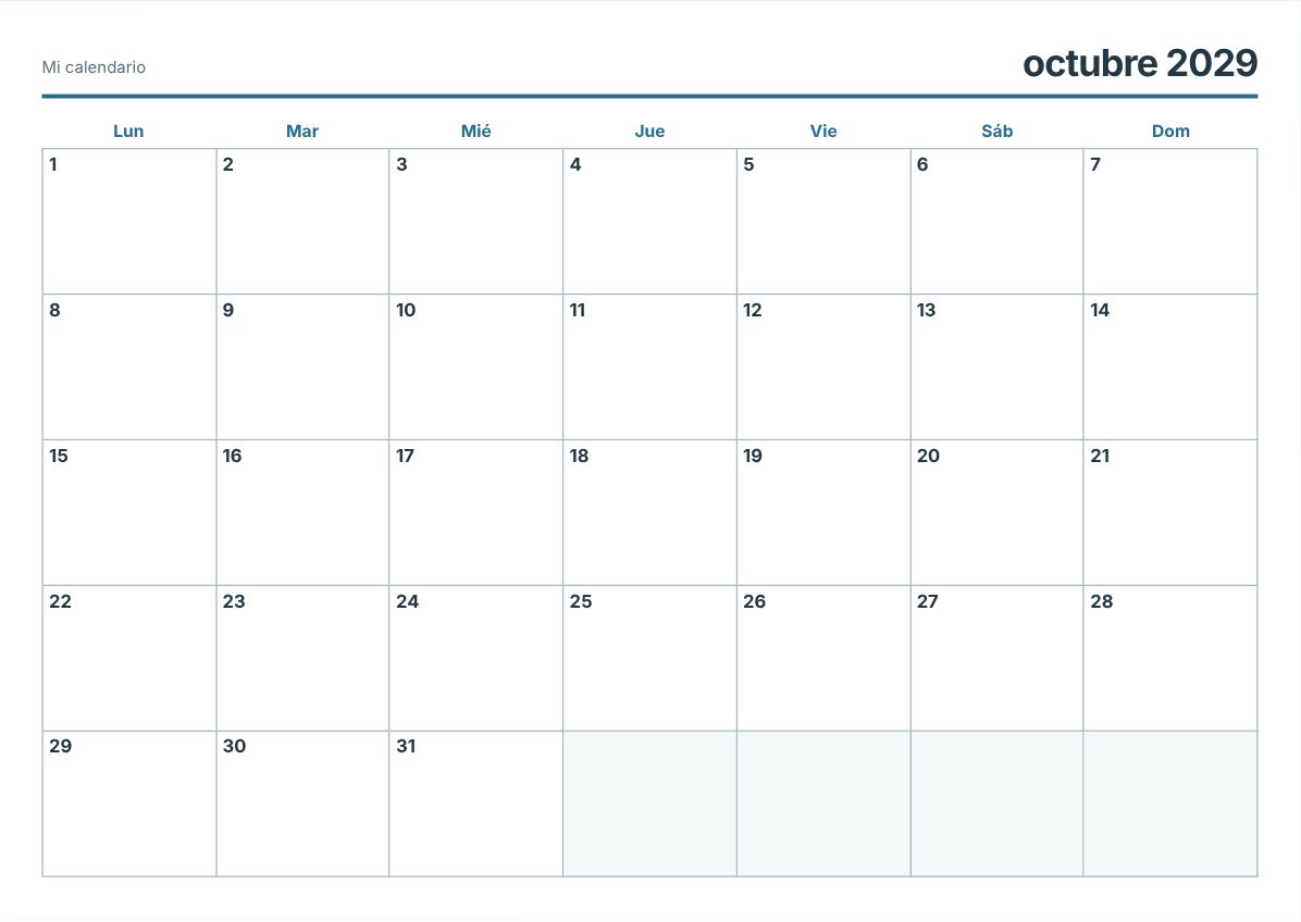 Calendario imprimible de octubre de 2029 (vista previa de impresión)