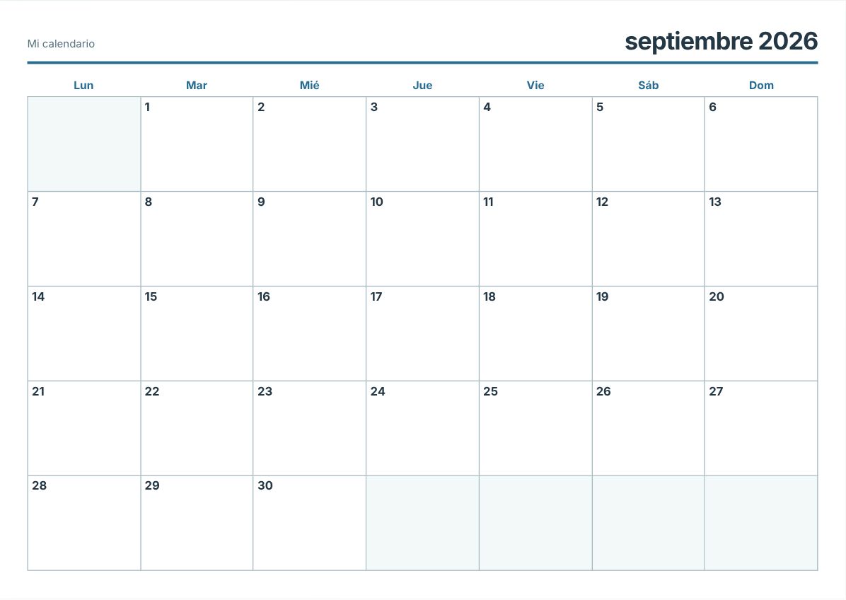 Calendario imprimible de septiembre de 2026 (vista previa de impresión)