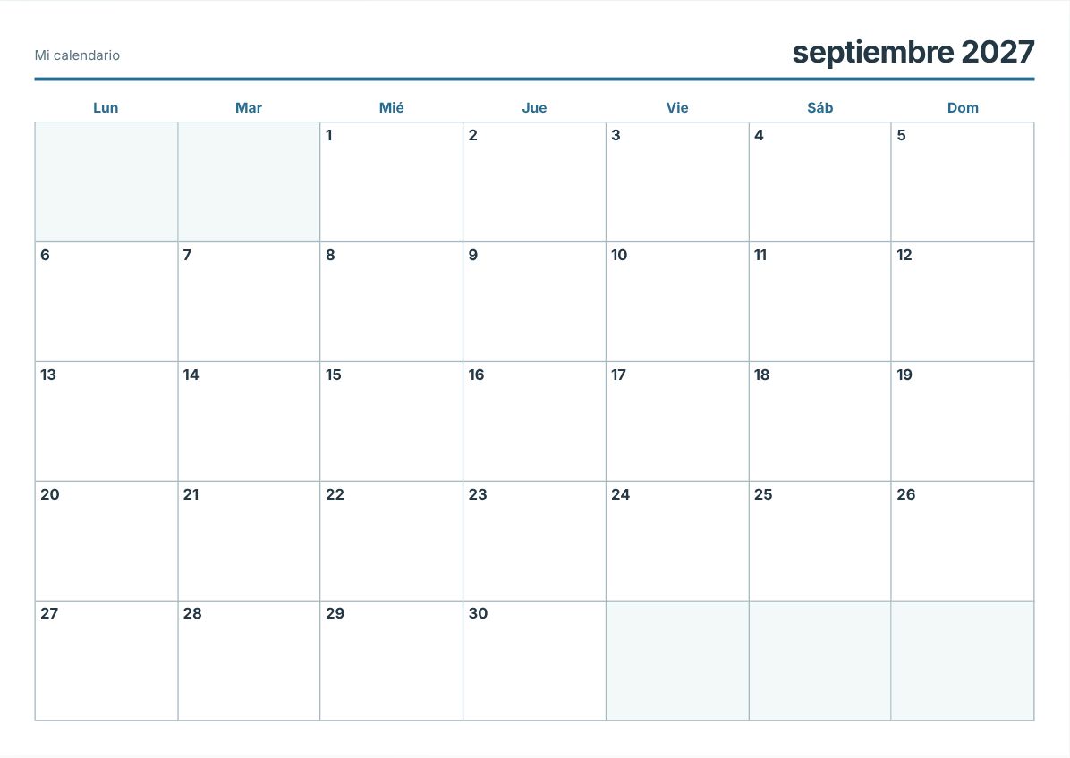 Calendario imprimible de septiembre de 2027 (vista previa de impresión)