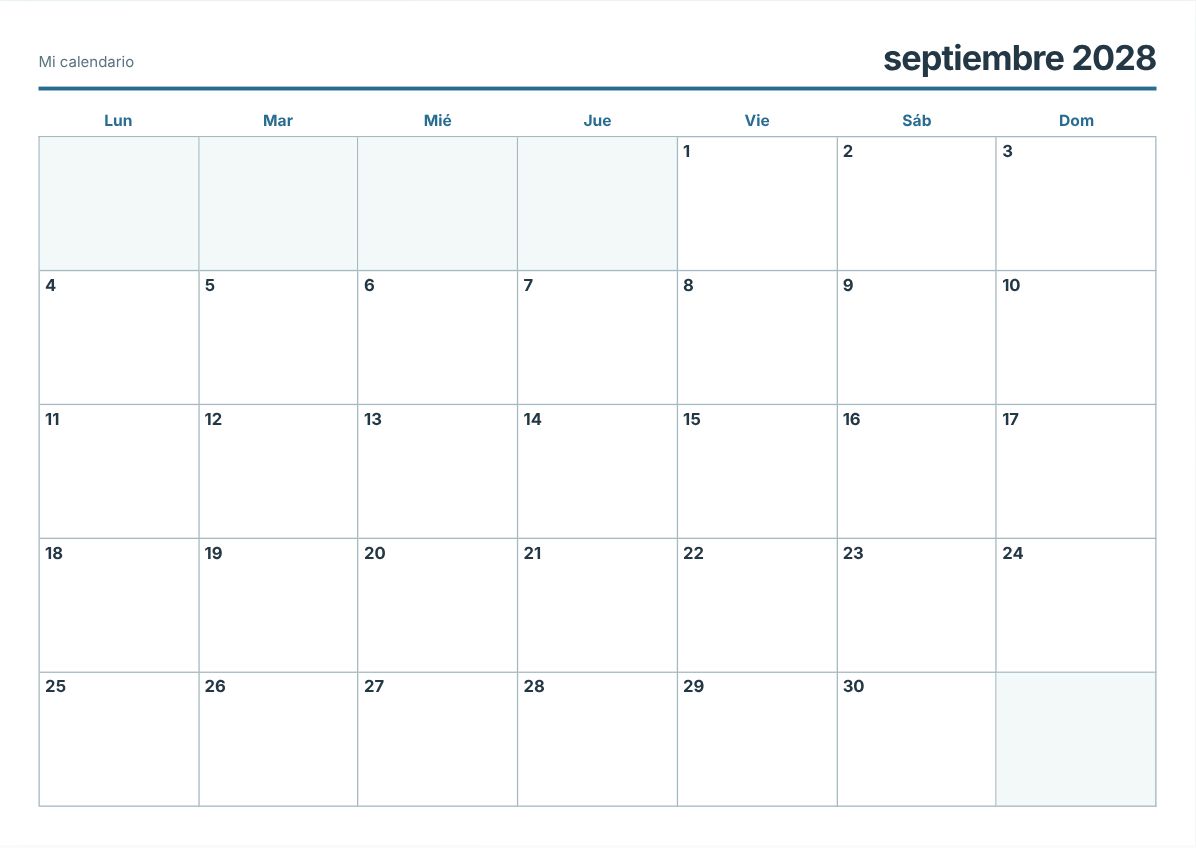 Calendario imprimible de septiembre de 2028 (vista previa de impresión)