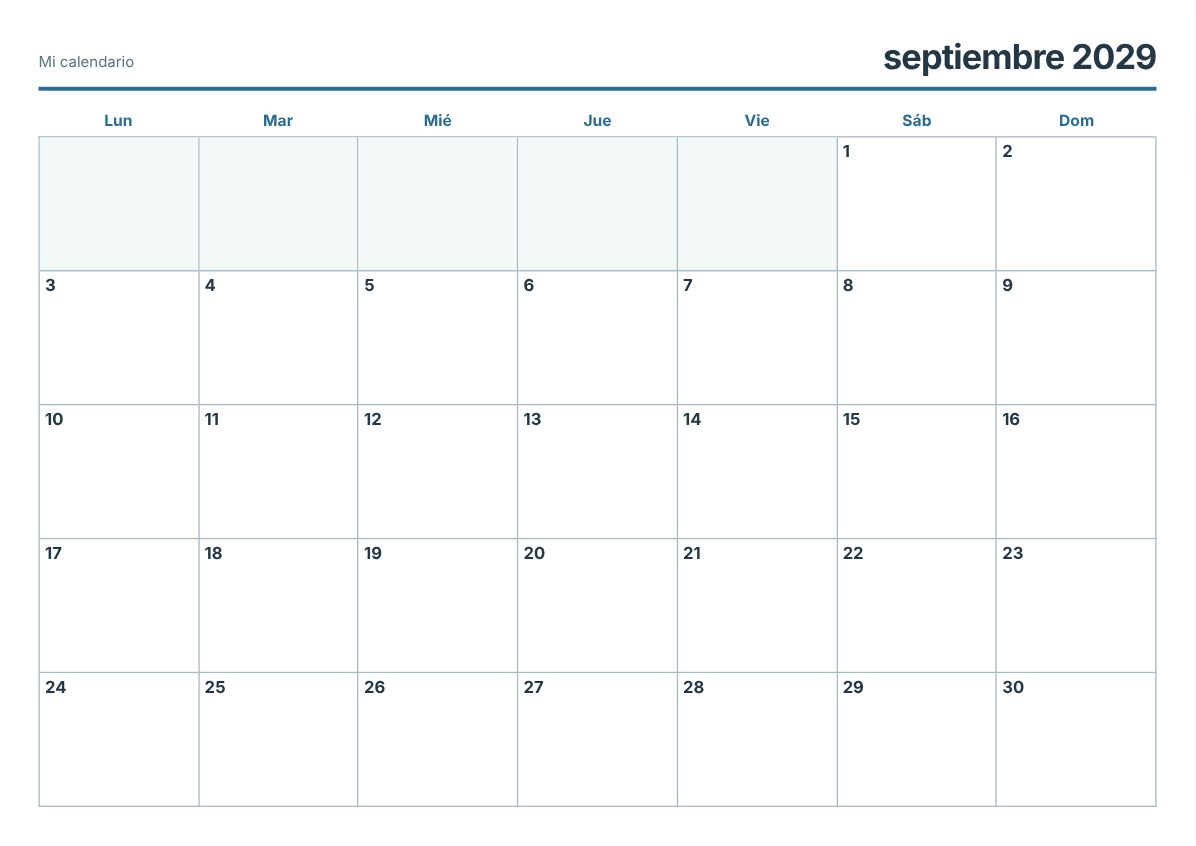 Calendario imprimible de septiembre de 2029 (vista previa de impresión)