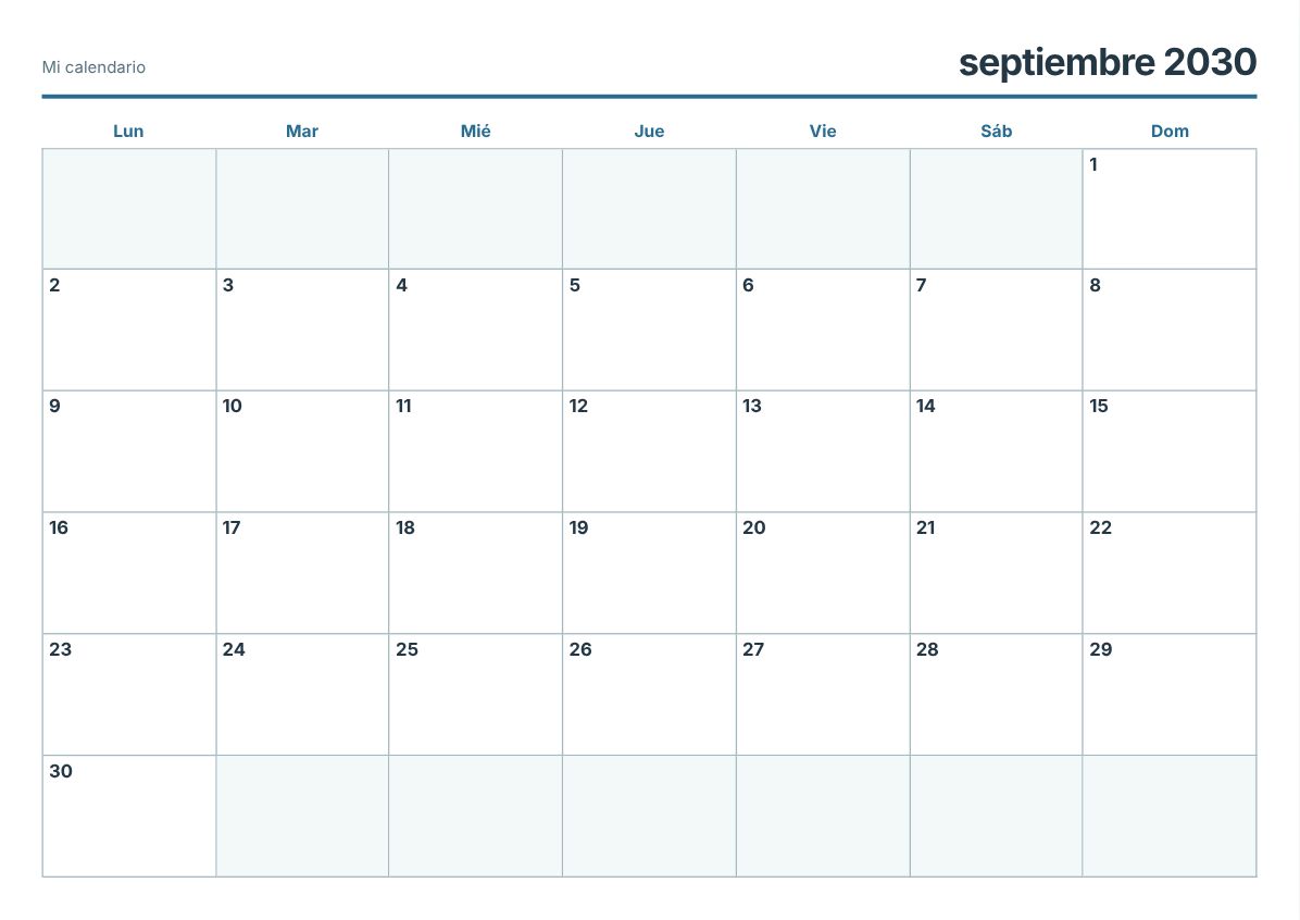 Calendario imprimible de septiembre de 2030 (vista previa de impresión)