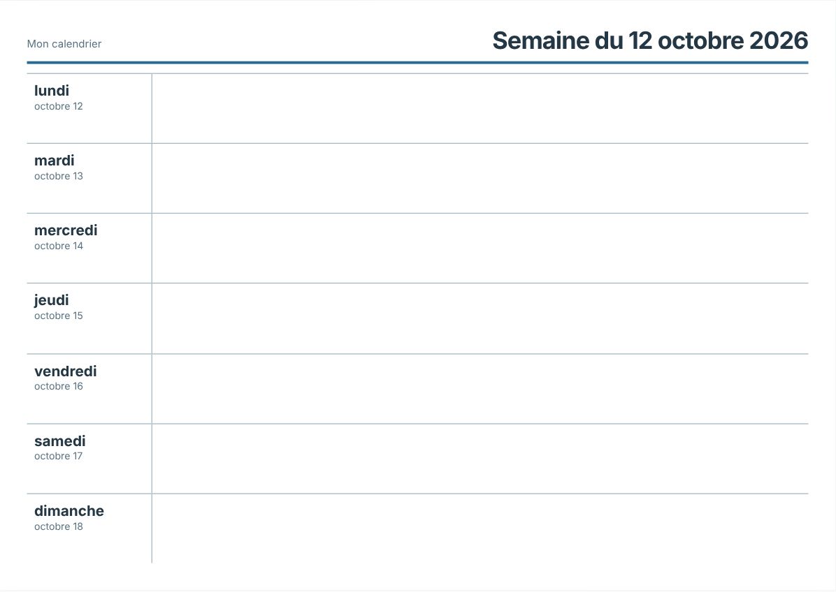 Calendrier hebdomadaire imprimable gratuit (aperçu avant impression)