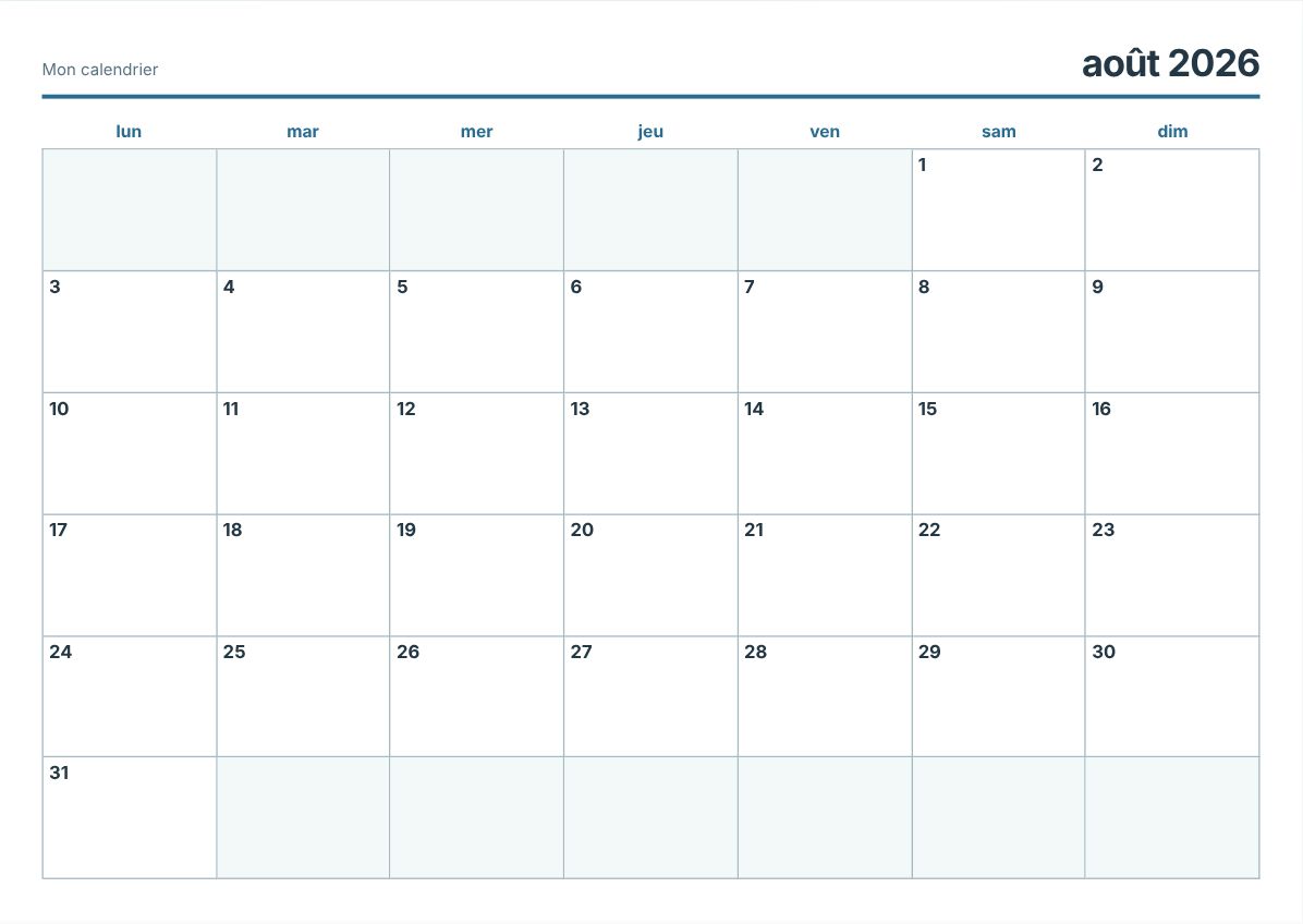 Calendrier imprimable août 2026 (aperçu avant impression)