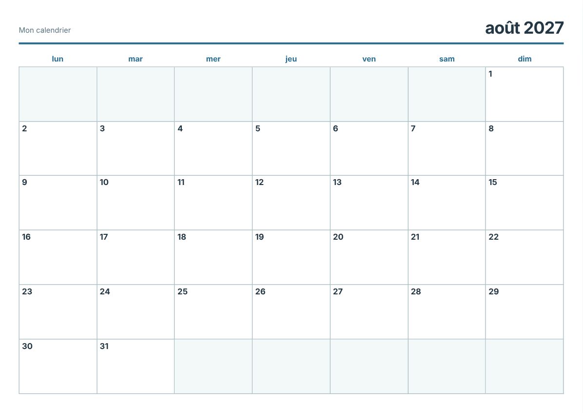 Calendrier imprimable août 2027 (aperçu avant impression)