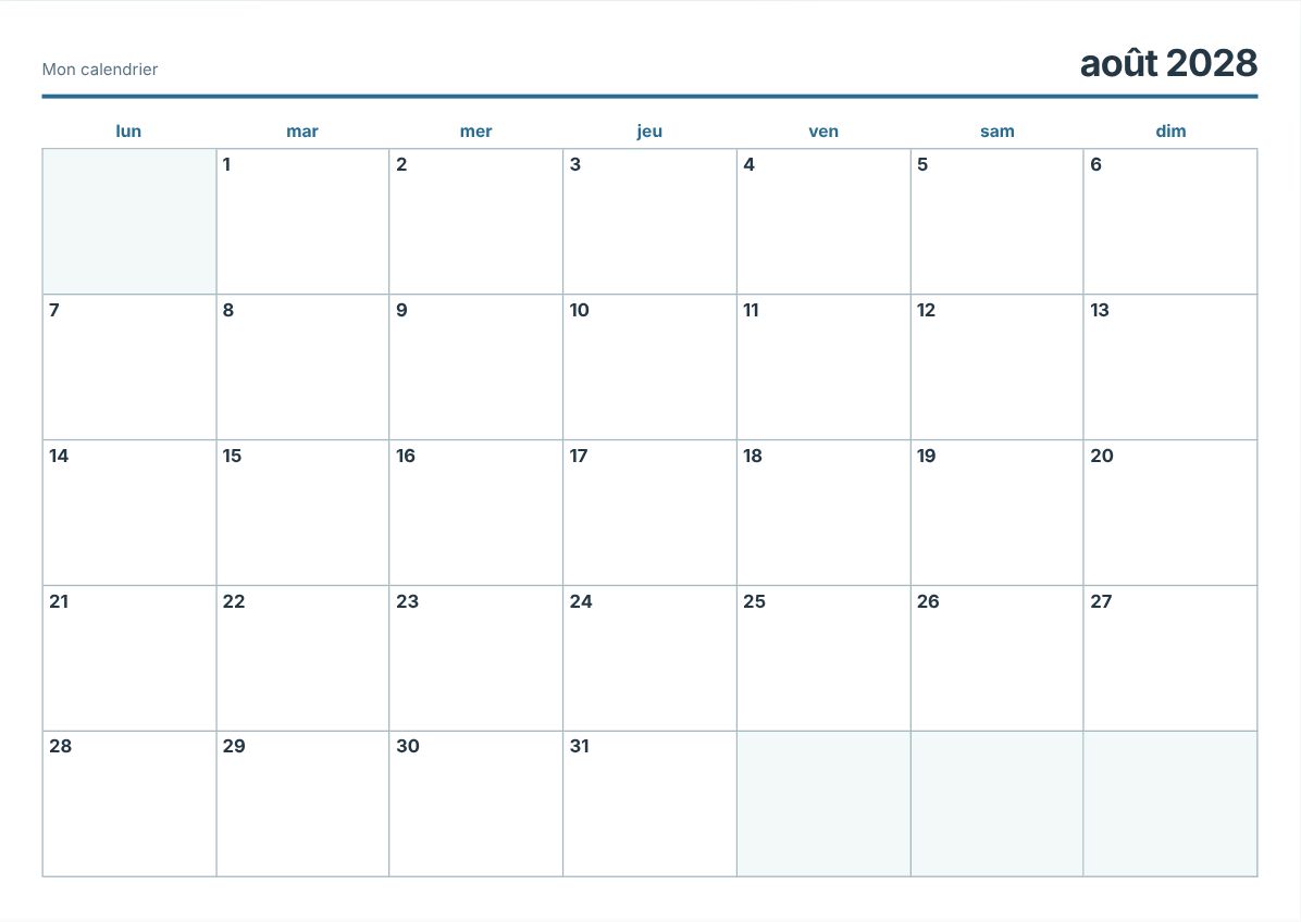 Calendrier imprimable août 2028 (aperçu avant impression)