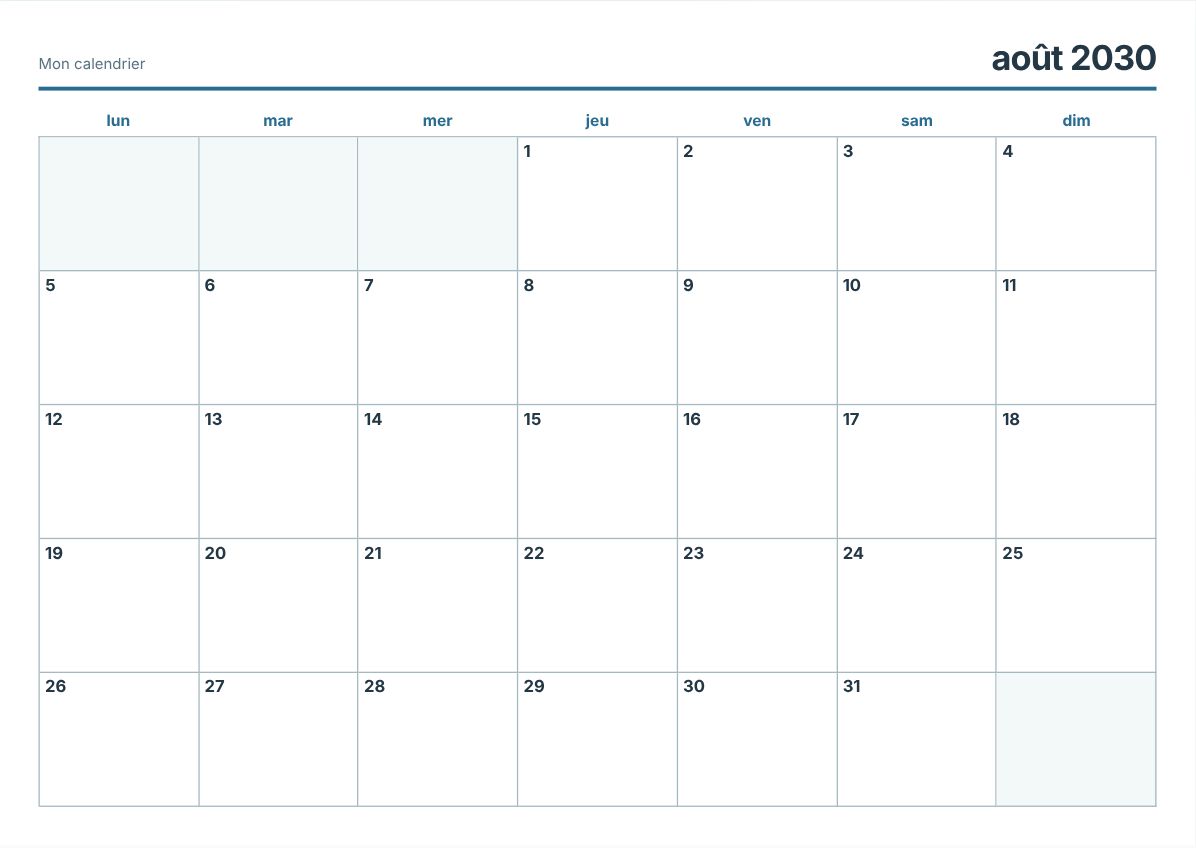 Calendrier imprimable août 2030 (aperçu avant impression)
