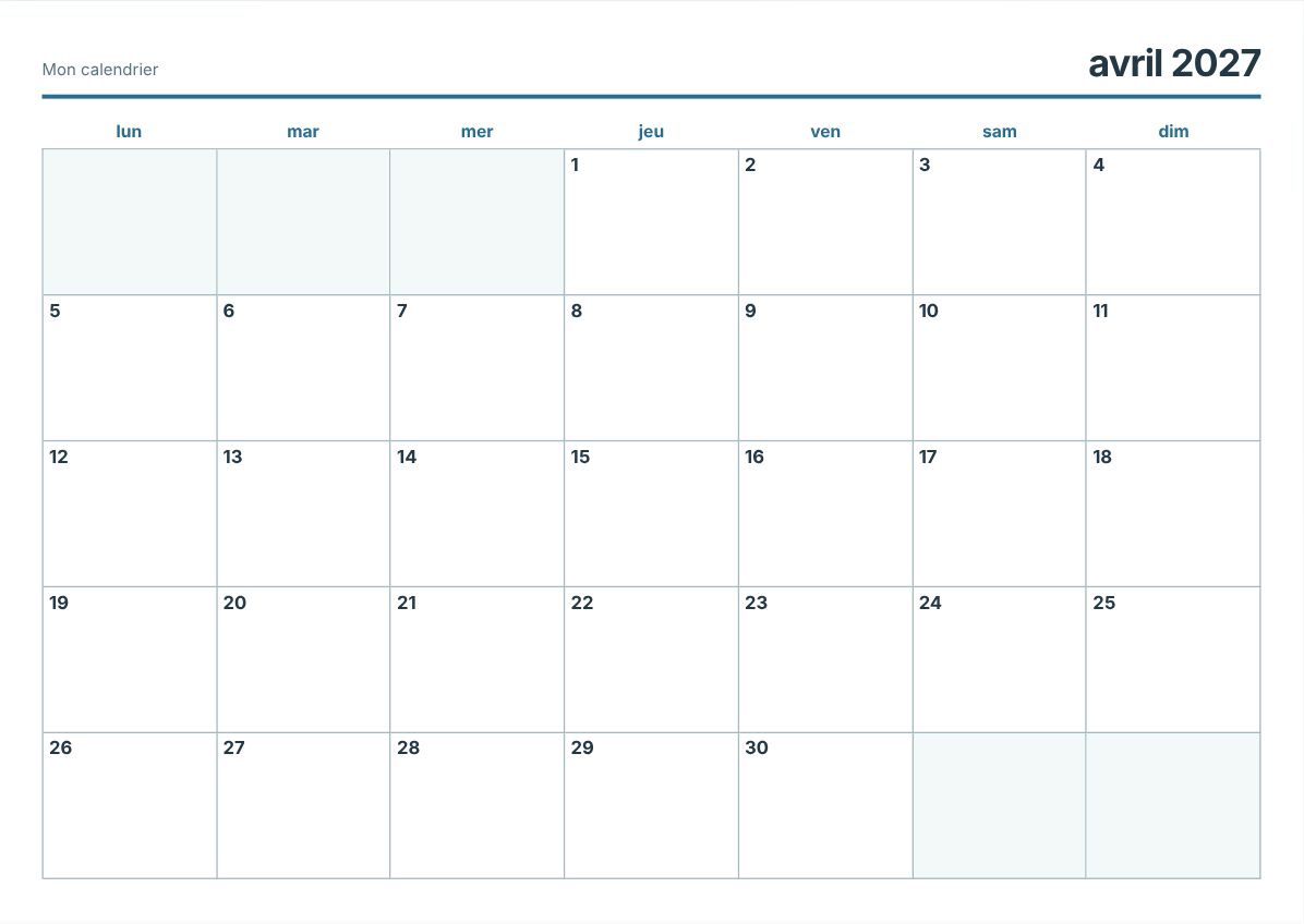 Calendrier imprimable avril 2027 (aperçu avant impression)