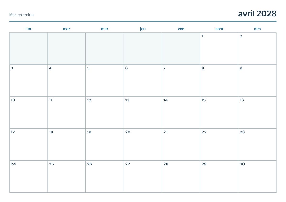 Calendrier imprimable avril 2028 (aperçu avant impression)