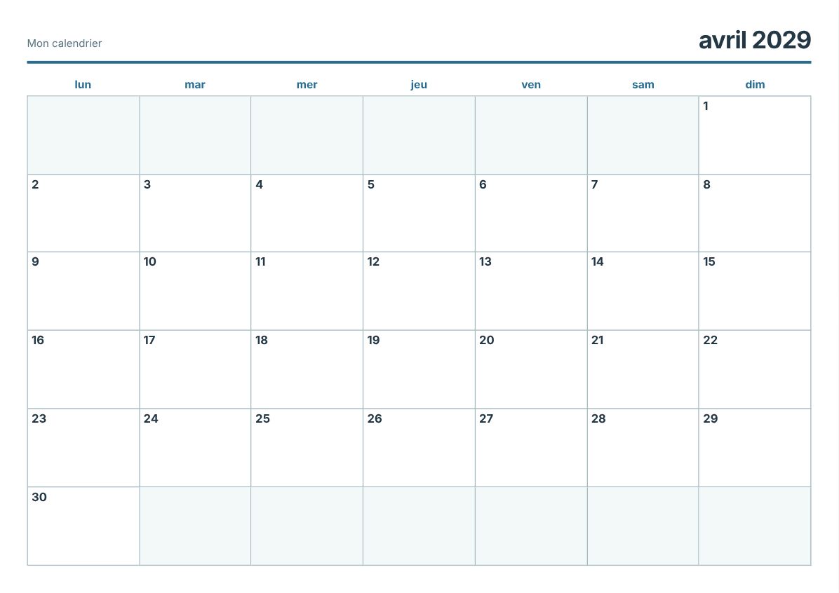 Calendrier imprimable avril 2029 (aperçu avant impression)