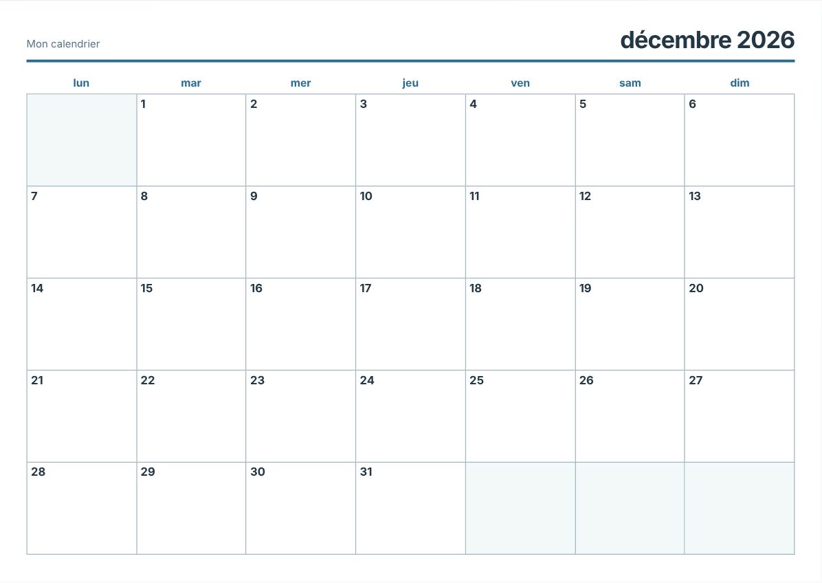 Calendrier imprimable décembre 2026 (aperçu avant impression)