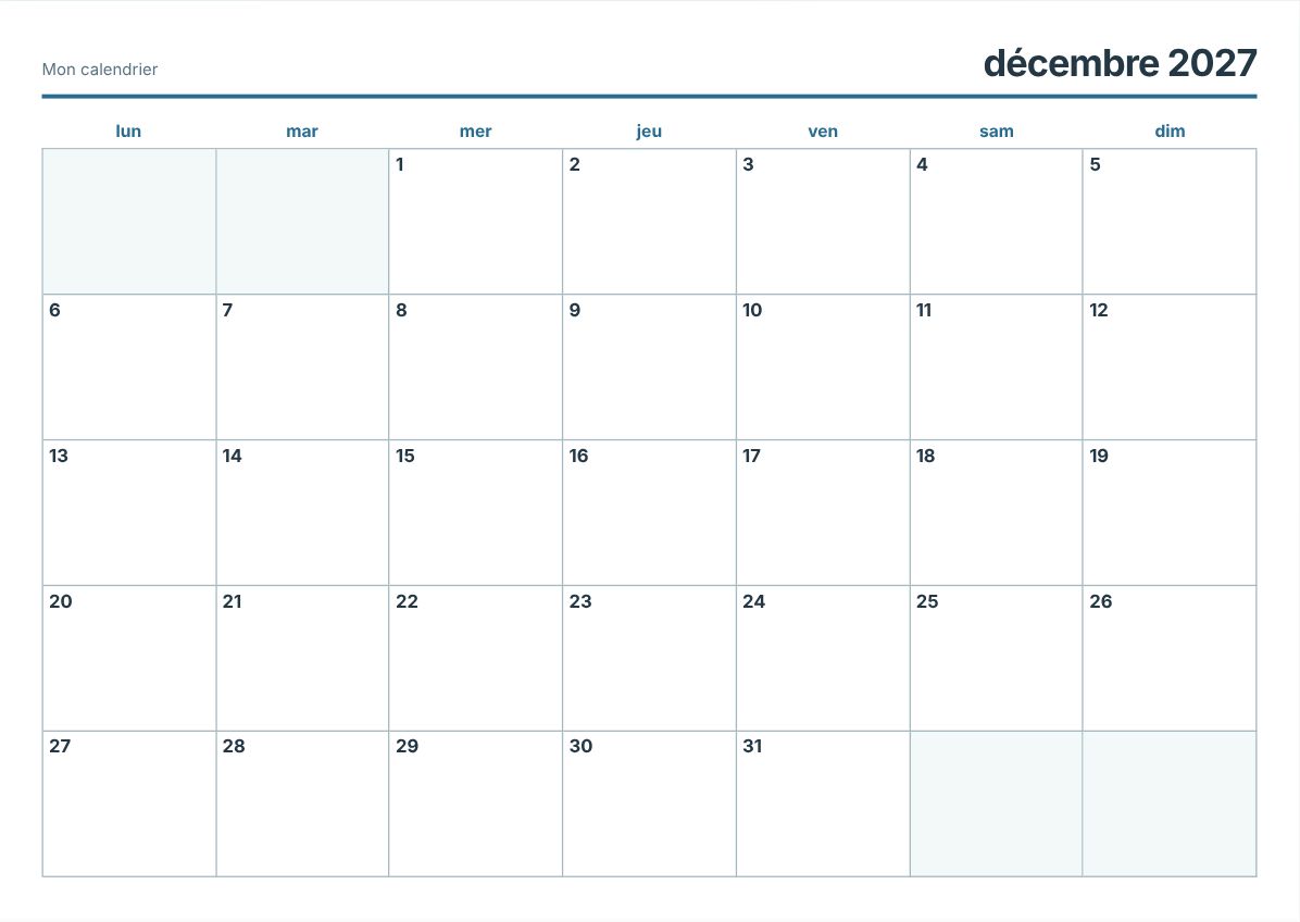 Calendrier imprimable décembre 2027 (aperçu avant impression)