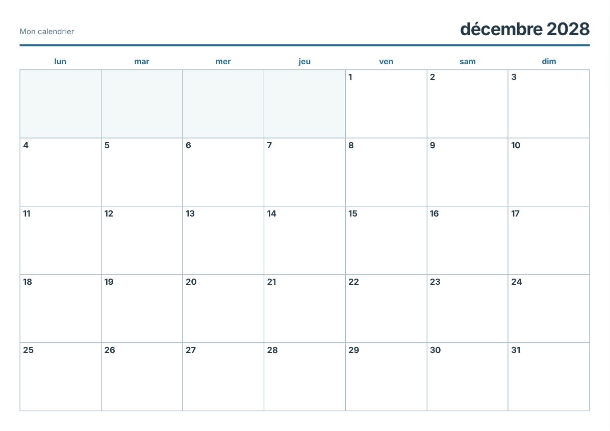 Calendrier imprimable décembre 2028 (aperçu avant impression)