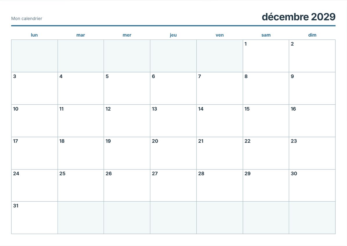 Calendrier imprimable décembre 2029 (aperçu avant impression)