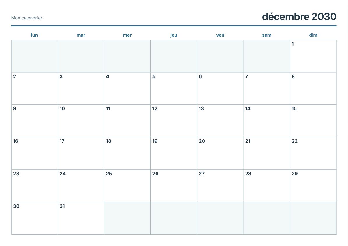 Calendrier imprimable décembre 2030 (aperçu avant impression)