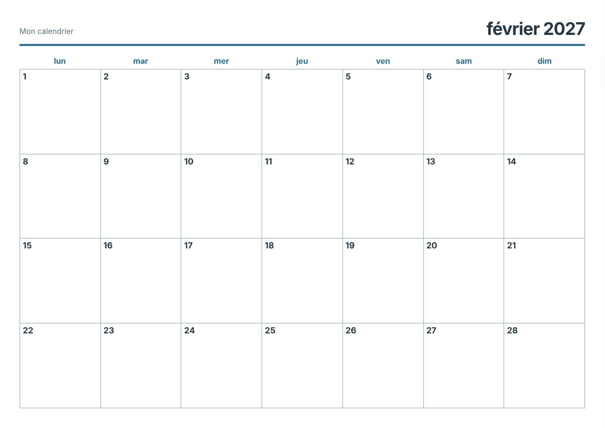 Calendrier imprimable février 2027 (aperçu avant impression)