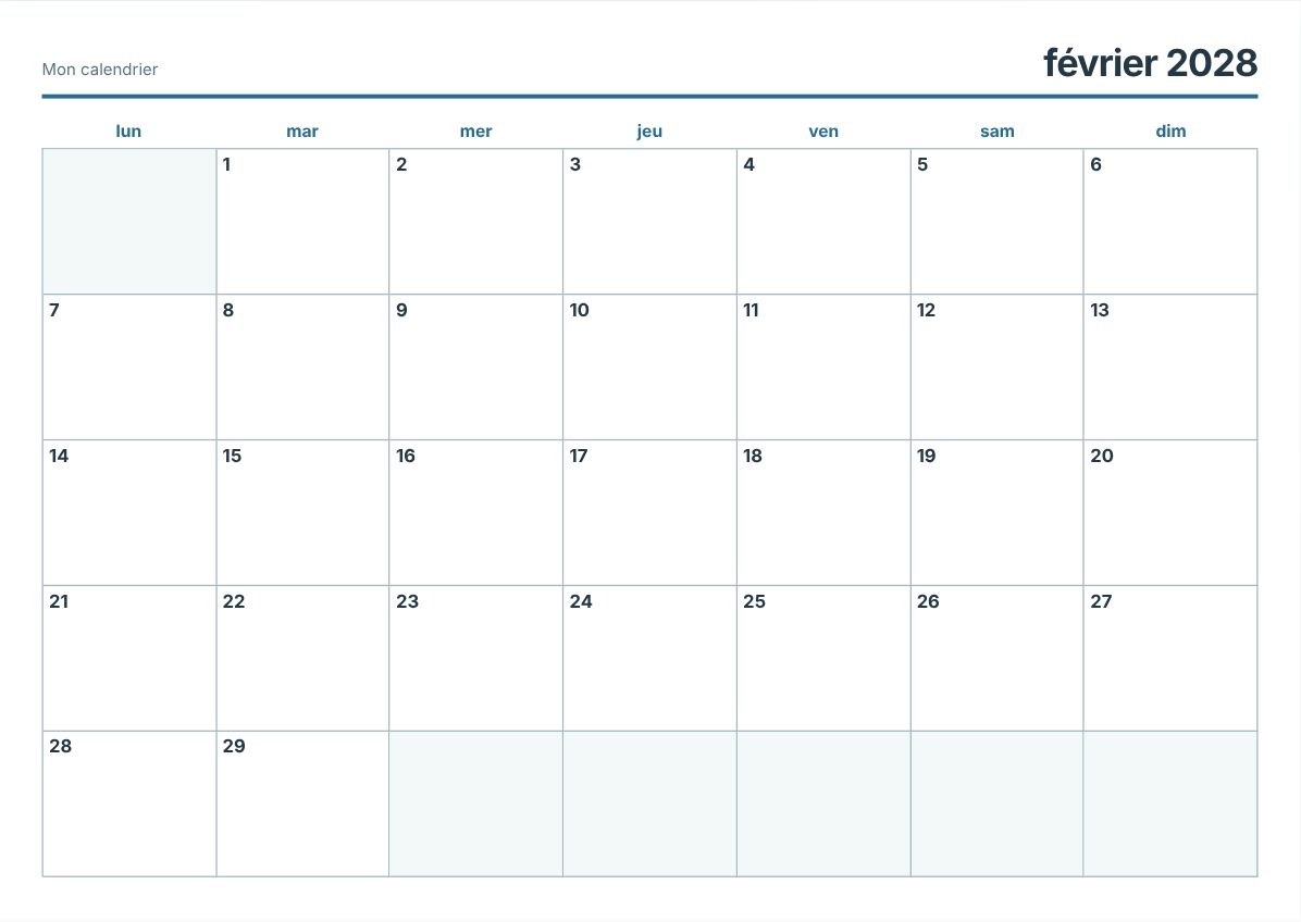 Calendrier imprimable février 2028 (aperçu avant impression)