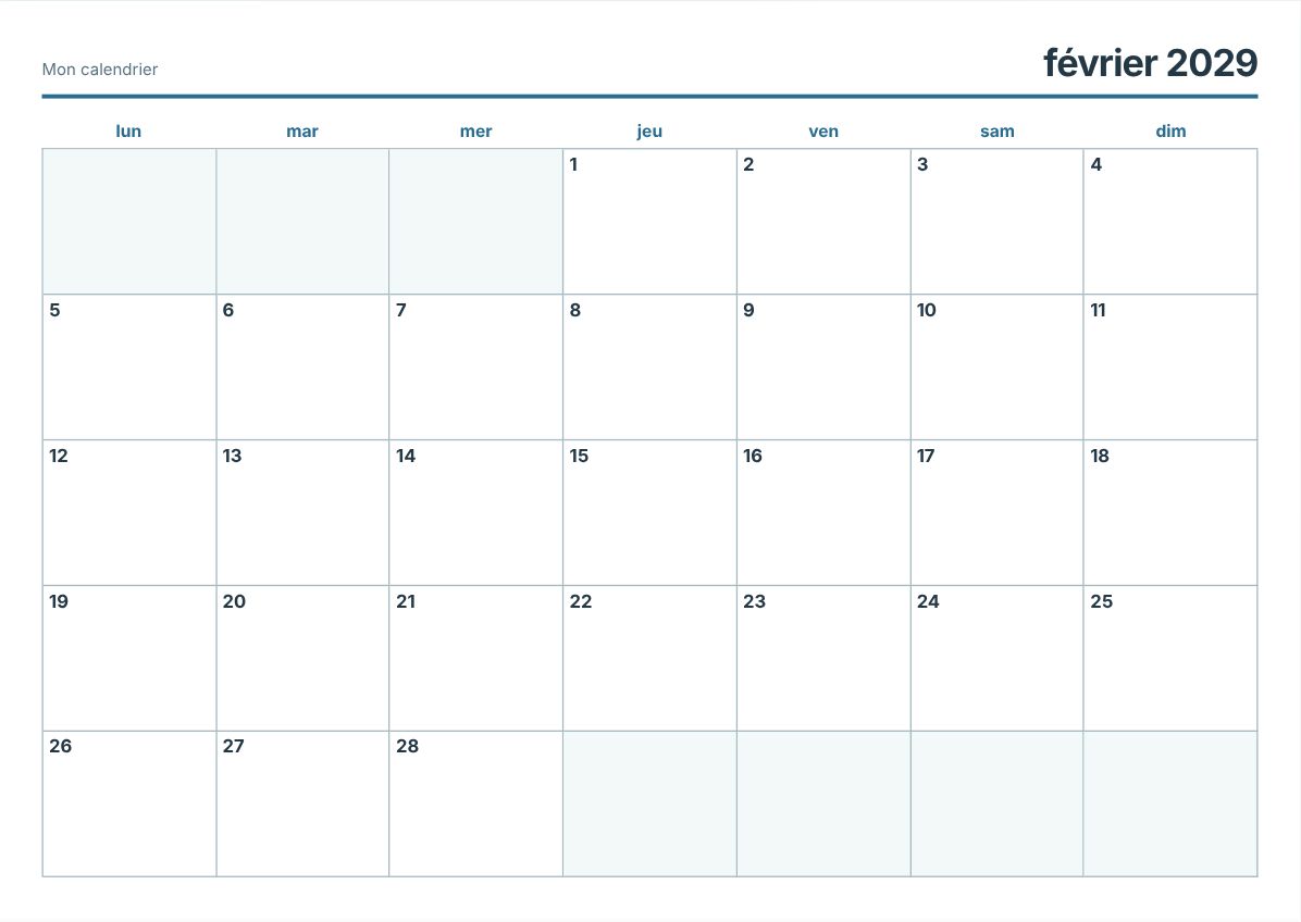 Calendrier imprimable février 2029 (aperçu avant impression)
