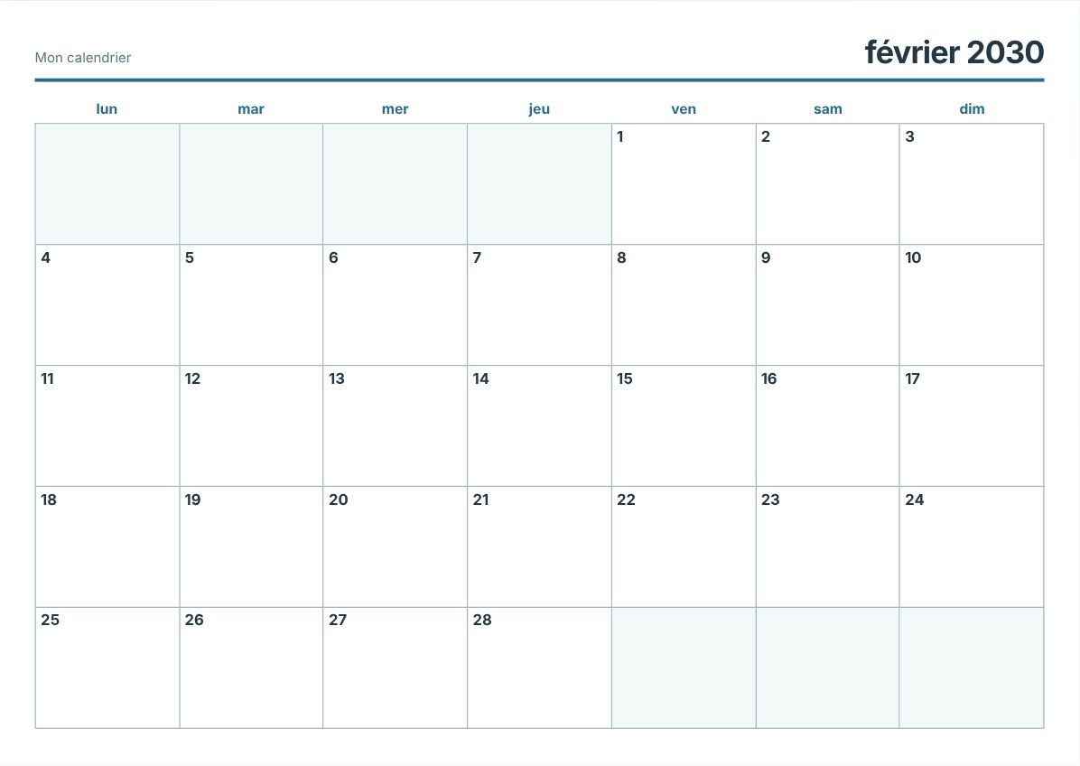 Calendrier imprimable février 2030 (aperçu avant impression)