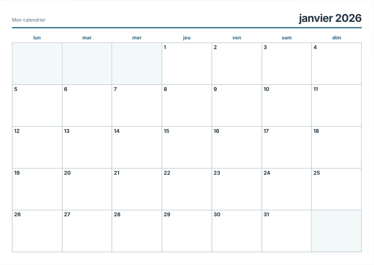 Calendrier imprimable janvier 2026 (aperçu avant impression)