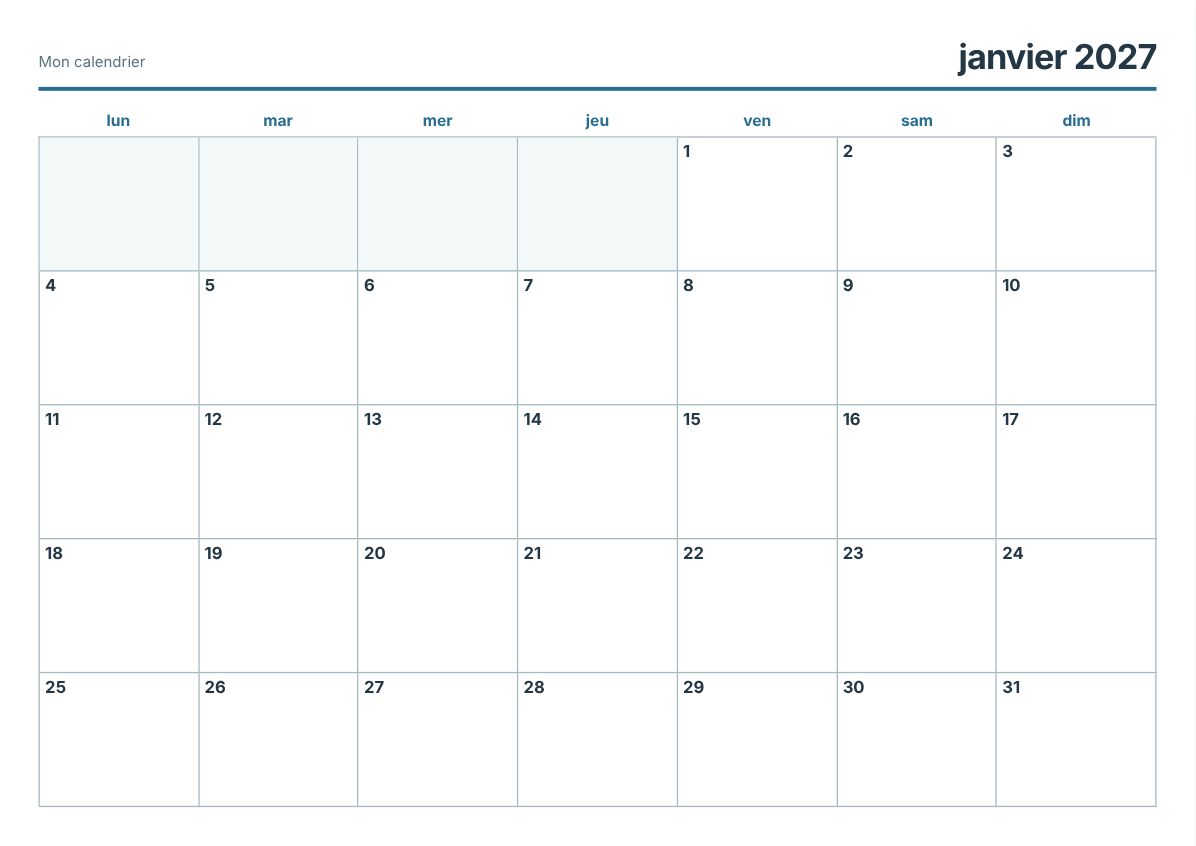 Calendrier imprimable janvier 2027 (aperçu avant impression)