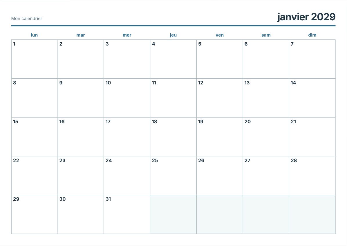 Calendrier imprimable janvier 2029 (aperçu avant impression)