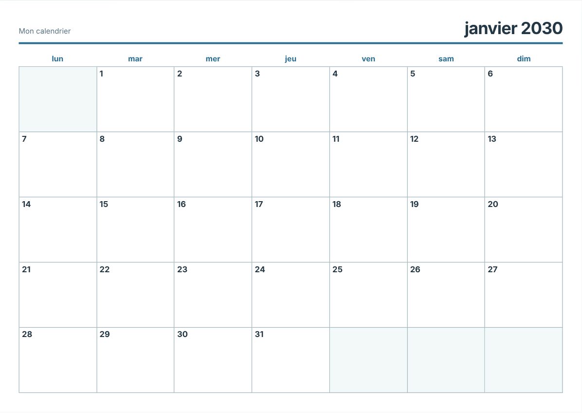 Calendrier imprimable janvier 2030 (aperçu avant impression)