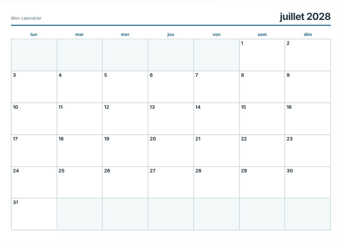 Calendrier imprimable juillet 2028 (aperçu avant impression)