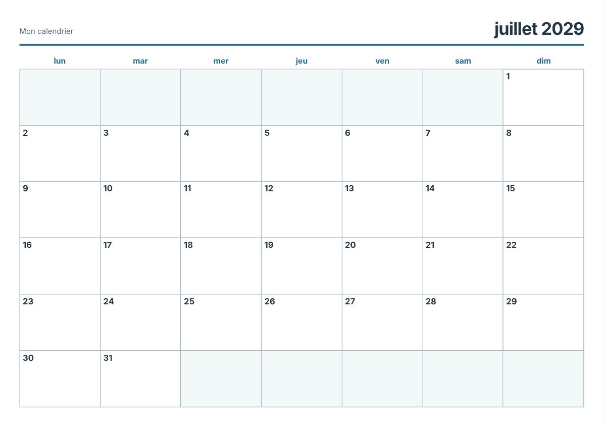 Calendrier imprimable juillet 2029 (aperçu avant impression)