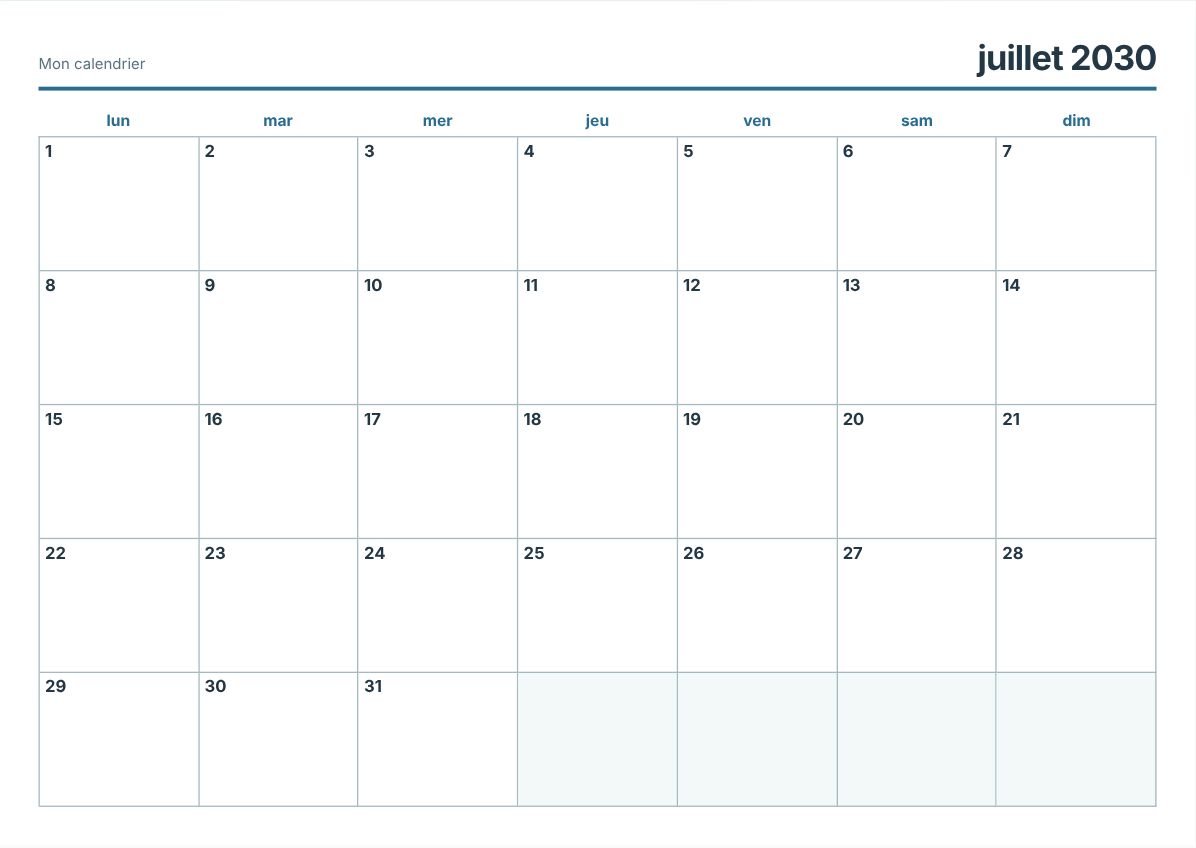 Calendrier imprimable juillet 2030 (aperçu avant impression)