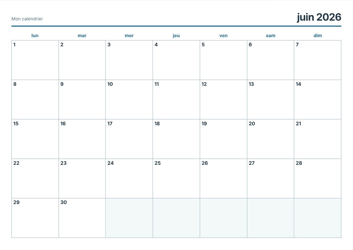 Calendrier imprimable juin 2026 (aperçu avant impression)