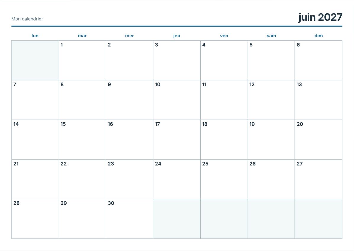 Calendrier imprimable juin 2027 (aperçu avant impression)