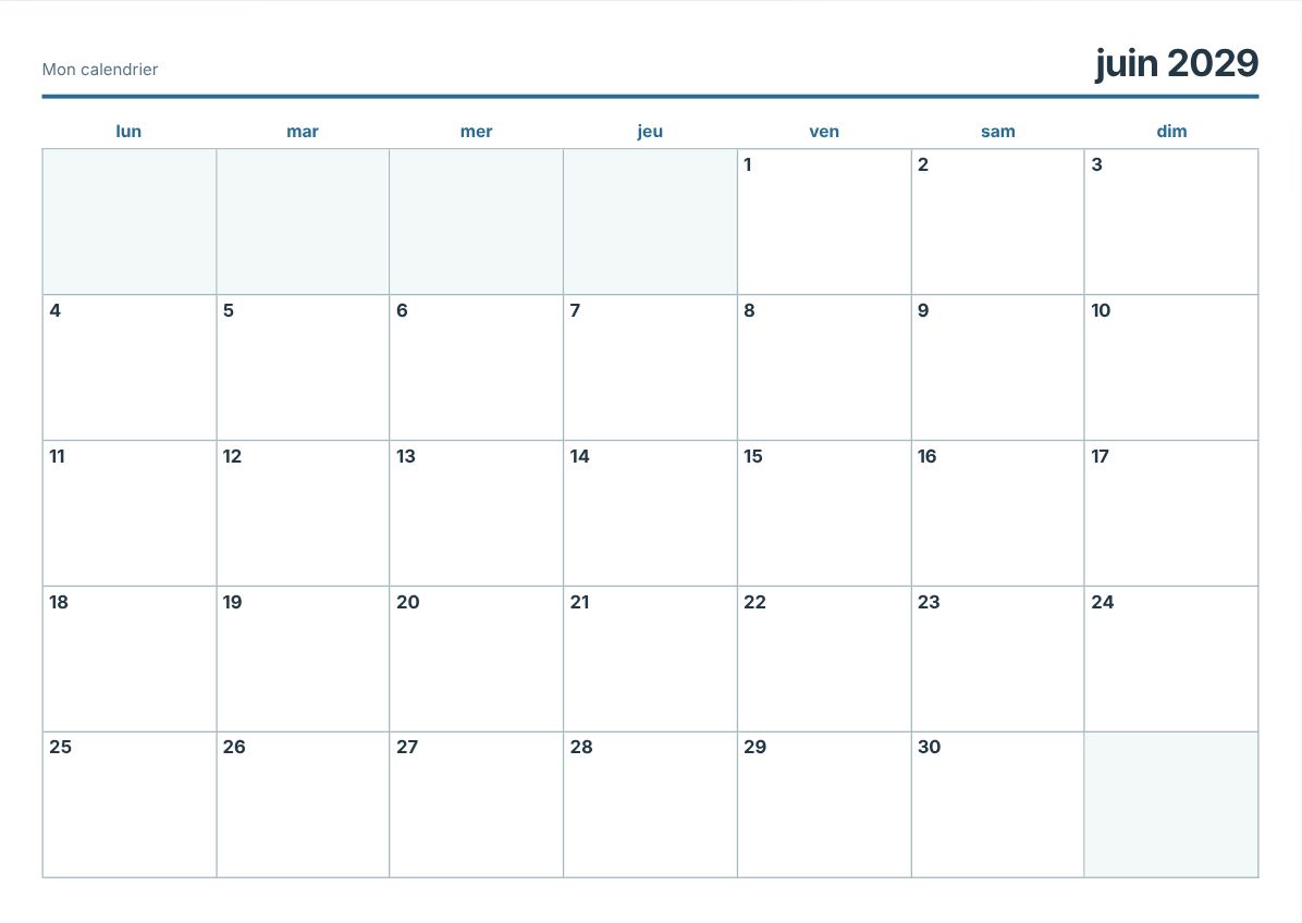 Calendrier imprimable juin 2029 (aperçu avant impression)
