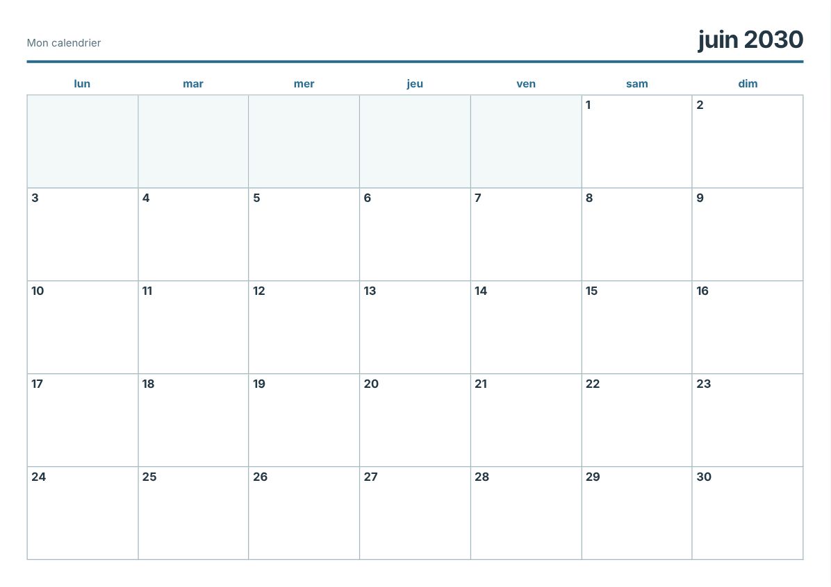 Calendrier imprimable juin 2030 (aperçu avant impression)