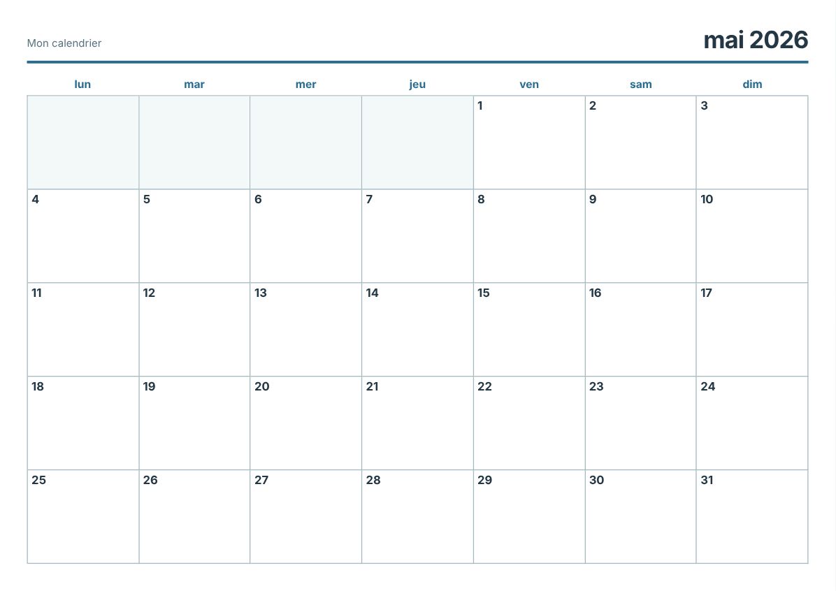 Calendrier imprimable mai 2026 (aperçu avant impression)