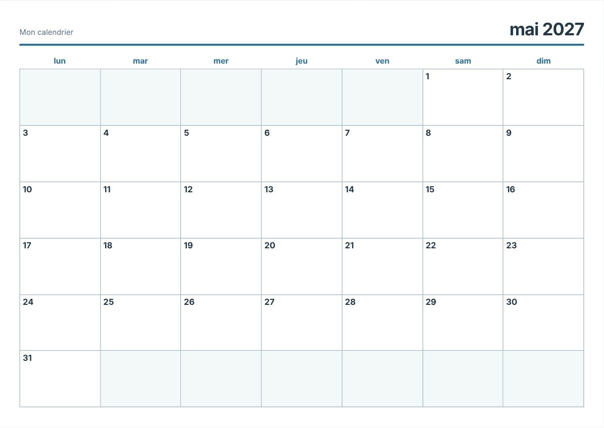 Calendrier imprimable mai 2027 (aperçu avant impression)