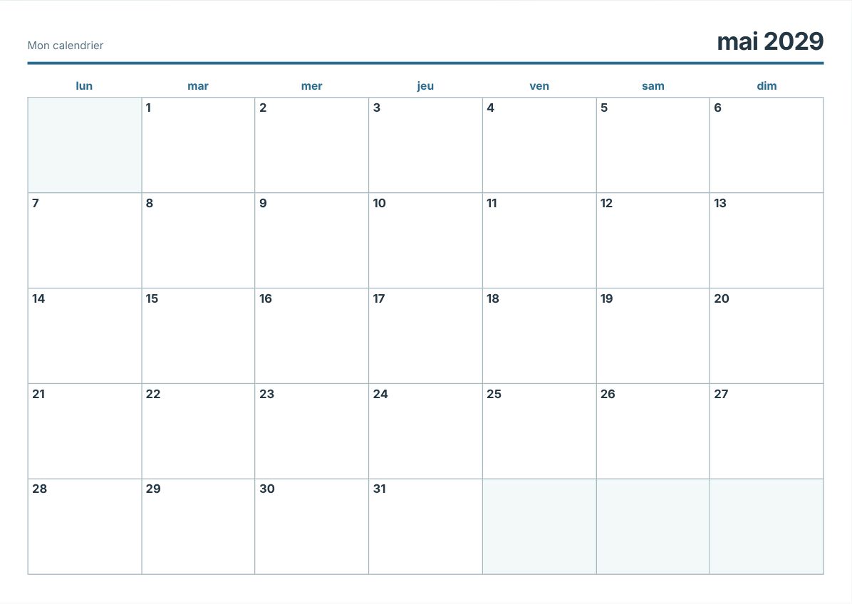 Calendrier imprimable mai 2029 (aperçu avant impression)