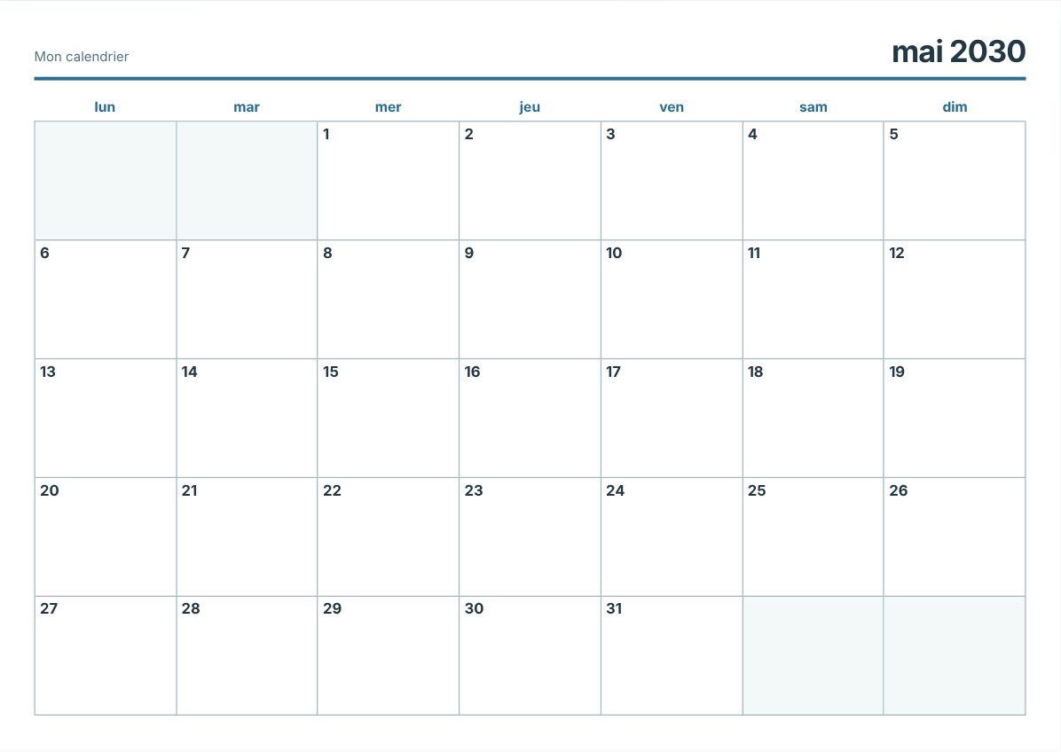 Calendrier imprimable mai 2030 (aperçu avant impression)